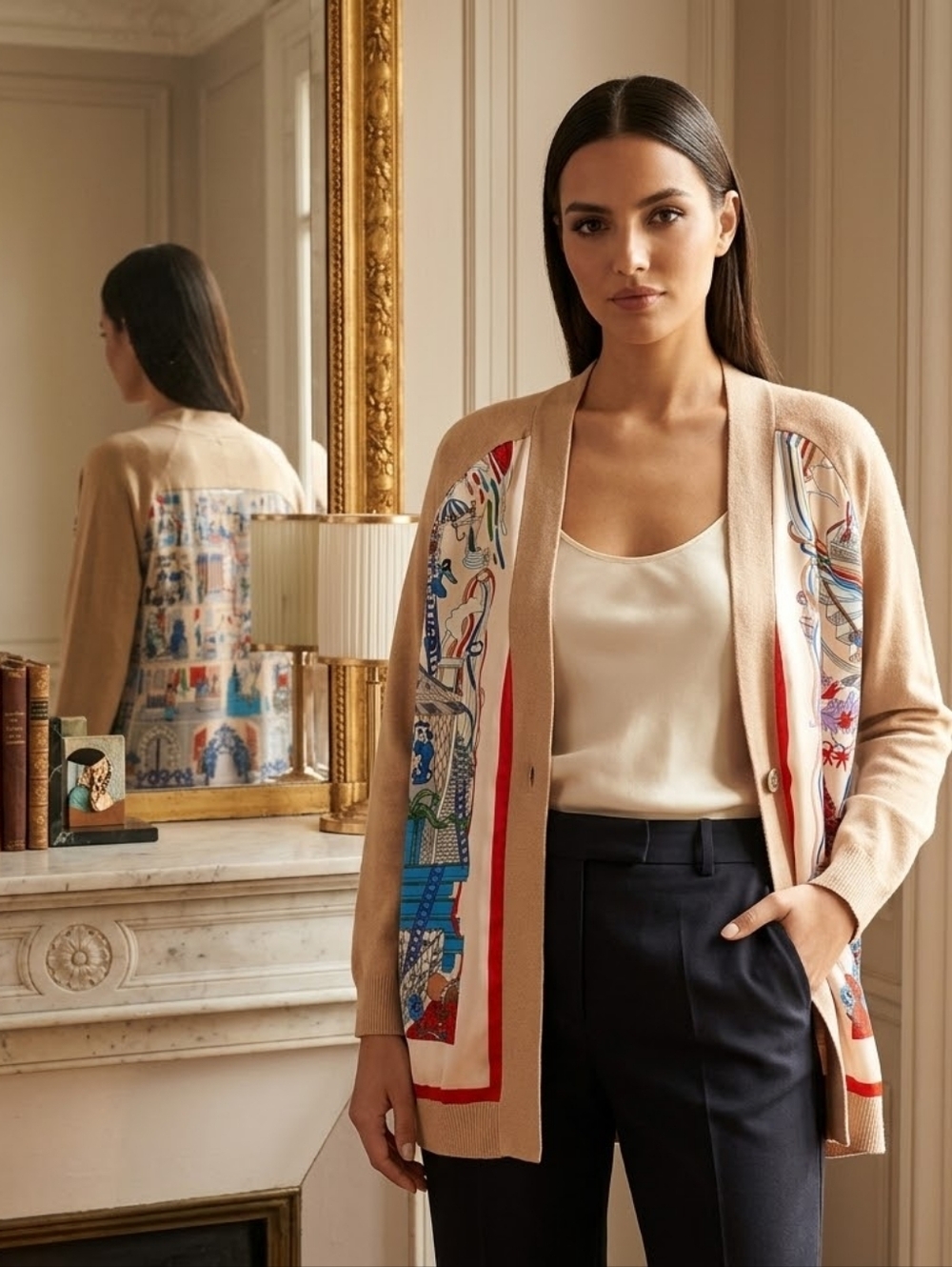 La Maison des Carrés Atelier Print Silk Back Wool Blend Luxury Cardigan Small